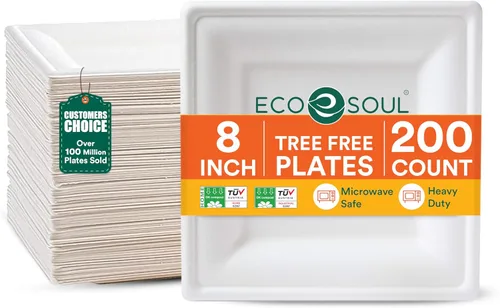 Miniatura 8 de ECO SOUL Platos de papel compostables de 6 pulgadas, paquete de 200 – Pequeños platos de postre desechables, resistentes, bagazo blanco, resistentes