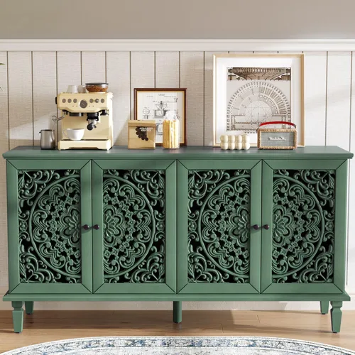 Miniatura 8 de Aparador de buffet Credenzas para sala de estar, mesa de entrada de 60 pulgadas con gabinete de almacenamiento, puertas huecas talladas, negro Azul