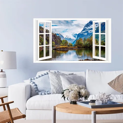 Miniatura 5 de Calcomanías de pared de paisaje, 3D, montaña, bosque, lago, calcomanías de pared extraíbles para ventana falsa, despegar y pegar, calcomanías