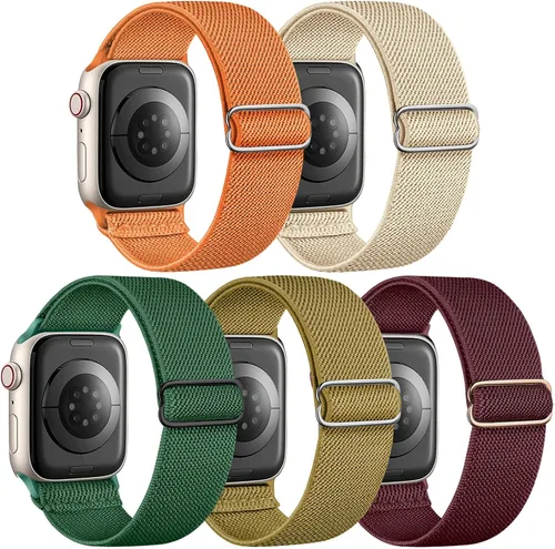 Miniatura 11 de 5 Pack de bandas elásticas de nylon compatibles con Apple Watch de 40 mm, 41 mm, 42 mm, 44 mm, 45 mm, 46 mm, 49 mm, 38 mm para mujeres y hombres