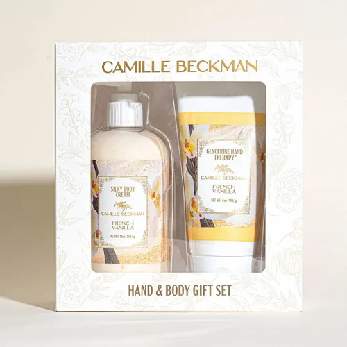 Camille Beckman Set de dúo para manos y cuerpo, crema de manos sedosa para el cuerpo y glicerina, vainilla francesa