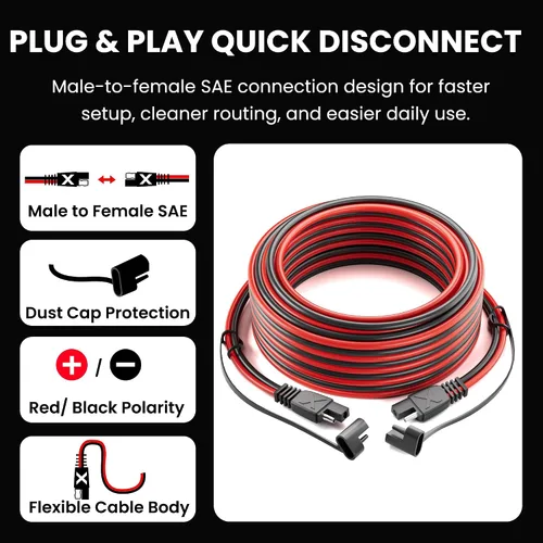 Miniatura 4 de POWOXI Cable de extensión SAE de 30 pies de 16 AWG, arnés de cables de desconexión rápida, conector SAE a SAE para panel solar, batería de cable