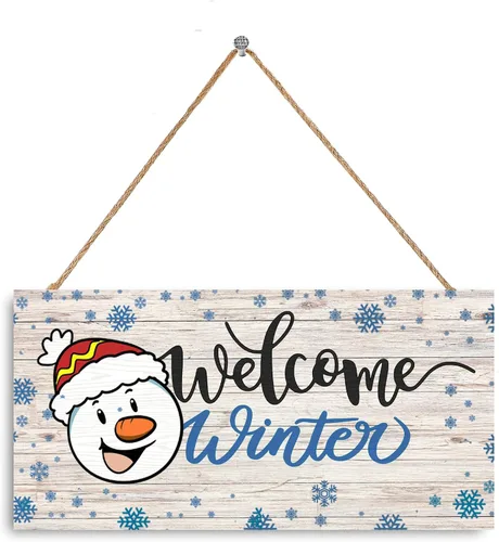Letrero de bienvenida de invierno, decoración rústica de madera para pared y puerta, muñeco de nieve impreso y copos de nieve, 11.9 x 6 pulgadas,