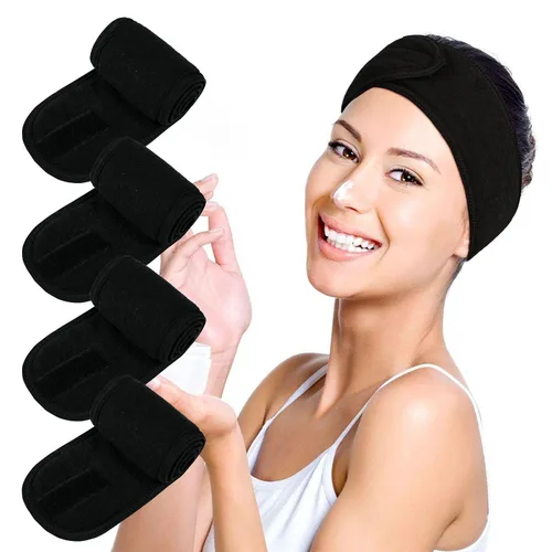 Diademas faciales de spa, 4 piezas, maquillaje, ducha, baño, diadema deportiva, toalla elástica de tela de rizo con cinta mágica (negro)