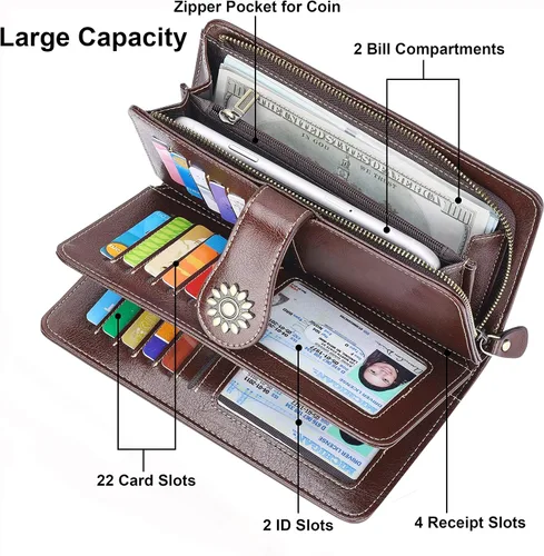 Miniatura 5 de Lavemi - Cartera de piel con bloqueo RFID para mujer, de gran capacidad, para llevarla a la muñeca