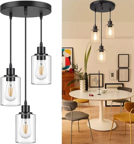 Miniatura 9 de MAXvolador Lámpara colgante industrial de 3 luces, lámpara de techo colgante ajustable con pantalla de vidrio transparente, iluminación colgante
