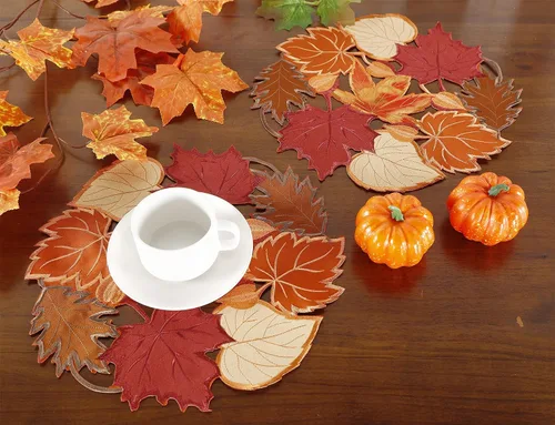 Miniatura 4 de Juego de 4 manteles individuales de otoño de 14 pulgadas con apliques bordados de hojas de arce bordadas para el hogar, cena, vacaciones, cosecha
