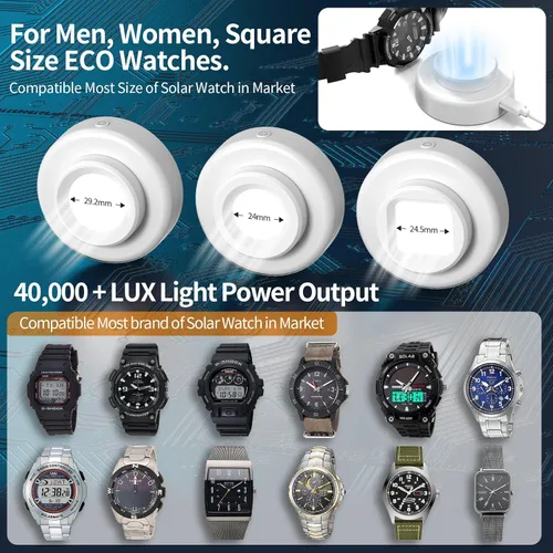 Miniatura 4 de Cargador de reloj solar, temporizador de apagado de 8H con hombres, mujeres y 3 tapas cuadradas, luz UV LED, carga rápida, relojes Eco Drive