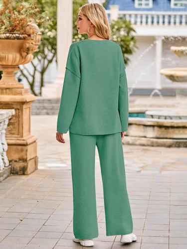 Miniatura 3 de MEROKEETY Conjunto de 2 piezas para mujer, de manga larga, con botones, suéter y pantalones, conjuntos de descanso