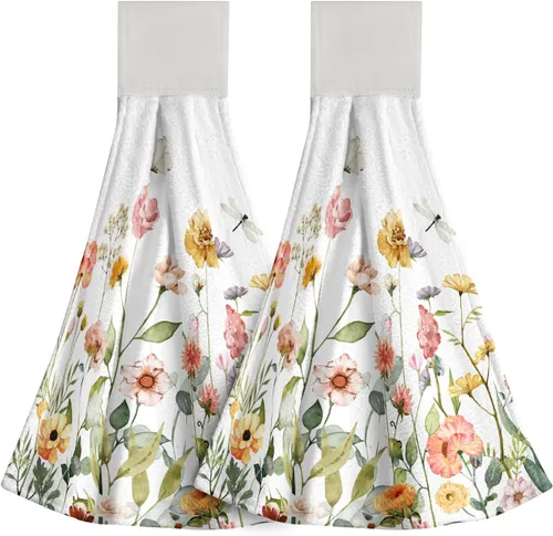 Miniatura 19 de Poppy Flower Hanging Hand Towels Set of 2,17x12 Inch Watercolor Chinoiserie Yellow Black Floral Soft Absorbent Dish Cloth Tie Towel for Kitchen