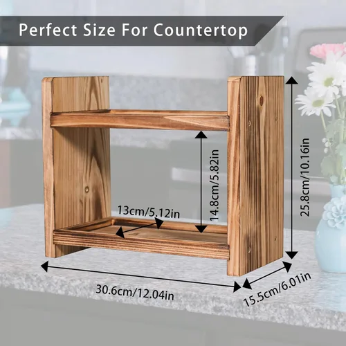 Miniatura 3 de Estante de especias de madera de 2 niveles, organizador de encimera para cocina y baño, estante de almacenamiento multiusos para cosméticos