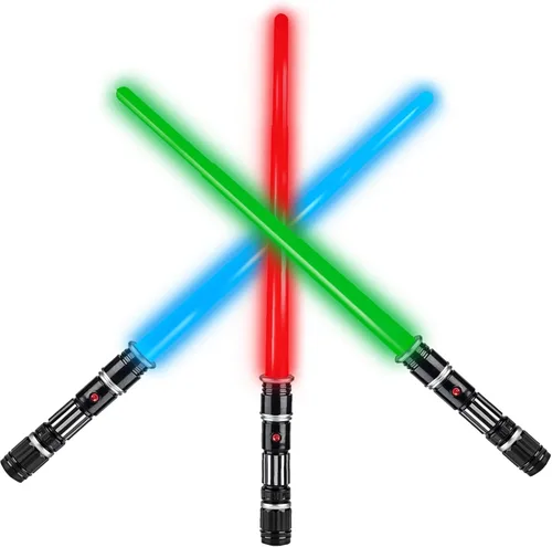 LESUTER TOYS - Juego de 3 espadas de luz LED de 3 colores con efectos de sonido (sensible al movimiento) y mango realista para niños, juguete de luz