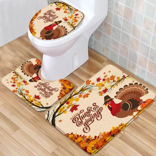 Juego de 3 alfombras de baño para el día de Acción de Gracias, pavo de dibujos animados, granja, hoja de arce, calabaza, cosecha de otoño,