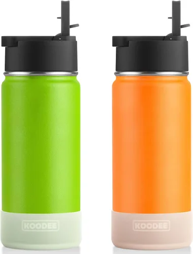 koodee Botella de agua de 16 onzas, paquete de 2 botellas de agua aisladas de acero inoxidable con pajilla, botella de agua metálica reutilizable