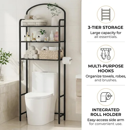 Miniatura 4 de Estante de almacenamiento de 3 niveles sobre el inodoro, organizador de baño, ahorro de espacio, estante sobre el inodoro con 4 ganchos y soporte