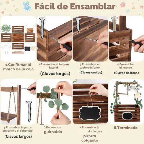Miniatura 3 de Caja de madera para baby shower con asa y guirnalda, cestas de gran capacidad para baby shower, cestas de baby shower de fácil montaje