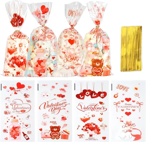 Bolsas de celofán para dulces de San Valentín, 100 piezas de bolsas de dulces de San Valentín, bolsa de regalo de celofán de plástico para galletas