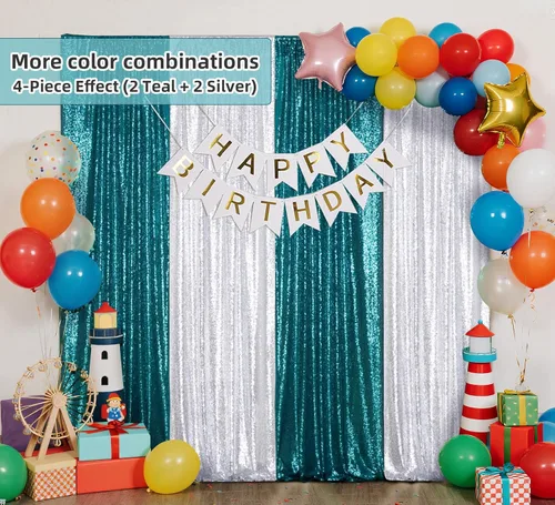 Miniatura 6 de Juya Delight 2 x 8 pies x 2 piezas, cortina de fondo de fotografía de lentejuelas verde azulado para decoración de bodas, fiestas, festivales