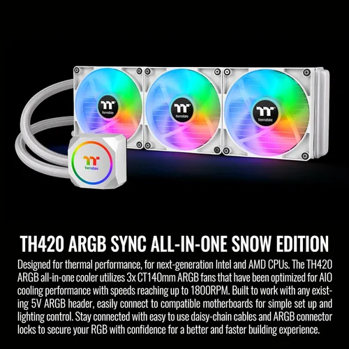 Miniatura 2 de Thermaltake TH420 ARGB Sync All-in-One Liquid Cooler Edición Nieve, AMD(AM5/AM4) Intel(LGA 1700/1200), Radiador de Alta Eficiencia de 420mm, Blanco