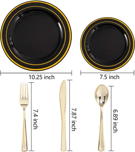 Miniatura 2 de WDF 125 platos negros desechables con borde dorado y cubiertos desechables de plástico dorado para Halloween, 50 platos de graduación, 25 tenedores