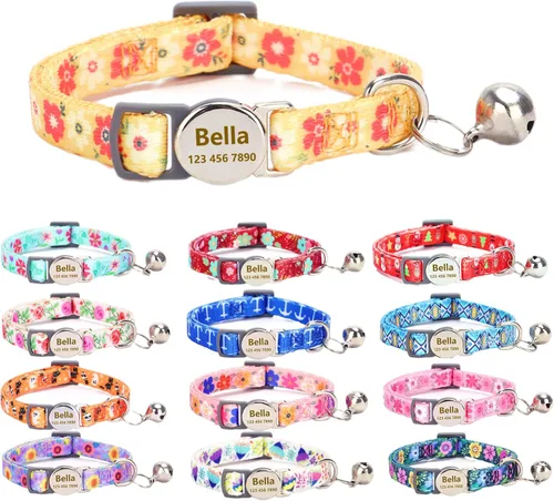 Miniatura 8 de Collar de gato con nombre de identificación, placa de número de teléfono, patrón floral grabado personalizado, collar de gatito con campana, azul a