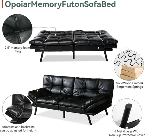 Miniatura 6 de Opoiar Sofá cama futón covertible de 71 pulgadas de largo, sofá futón de piel sintética, sofá biplaza moderno de espuma viscoelástica, sofá pequeño