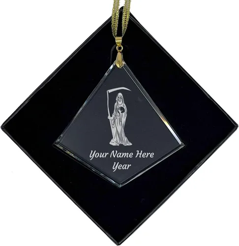 LaserGram Adorno de Navidad de vidrio personalizado, Santa Muerte, idea de regalo personalizada grabada con láser (forma de diamante)