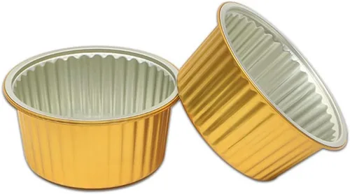 Miniatura 3 de Paquete de 100 tazas de papel de aluminio para hornear con tapas, tazas de postre de 5 onzas, moldes para magdalenas, moldes desechables para Oro