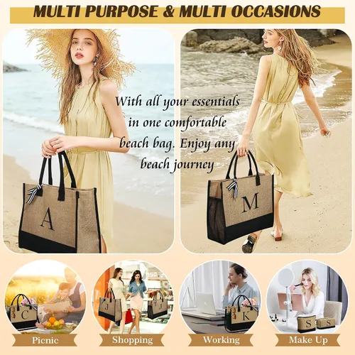 Miniatura 6 de YOOLIFE Regalos para mujeres, bolsa de yute con inicial y 2 bolsas de maquillaje, regalos personalizados para mujeres, profesores, mamá, amiga