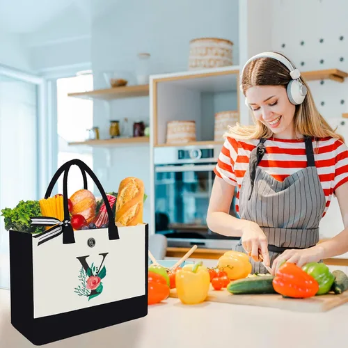 Miniatura 74 de Bolsa de lona con inicial, regalos de cumpleaños personalizados para mujeres, madres, amigas y profesoras, bolsas de mano con monograma adecuadas