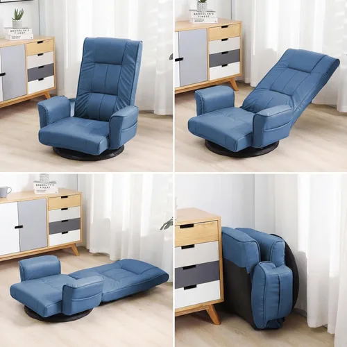 Miniatura 6 de Silla de suelo giratoria de 360° con reposabrazos, tumbona ajustable de 14 posiciones para adultos, asiento acolchado plegable con respaldo para Azul