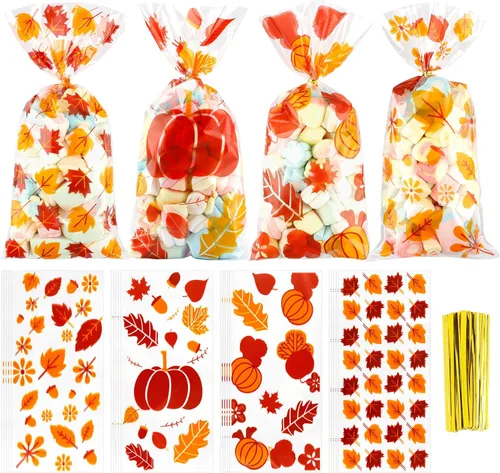 Bolsas de regalo de otoño para Acción de Gracias, 100 piezas de bolsas de celofán para Acción de Gracias de otoño, bolsas de regalo de plástico con
