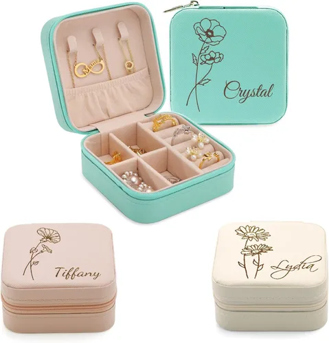 Novgarden Joyero personalizado con nombre, piel sintética, organizador de viaje, caja de almacenamiento de anillos, aretes, collar, regalo de