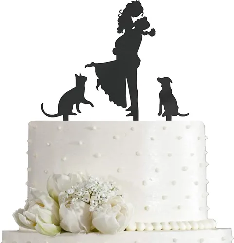 Miniatura 3 de Decoración para tarta de boda - Novia sosteniendo al novio con flores junto a 2 perros de mascota silueta decoración de tarta (Negro)