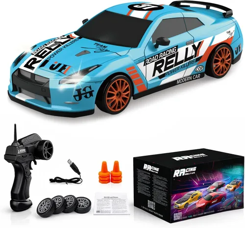 Auto a control remoto RC Drift Car 2.4GHz a escala 1:24 4WD 15KM/H Vehículo modelo de alta velocidad con luces LED, neumáticos de deriva, juguete