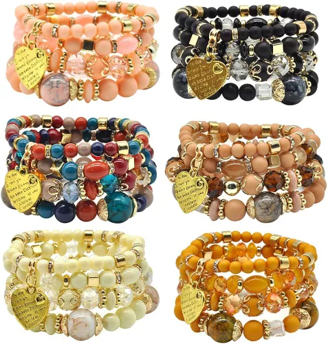 Miniatura 2 de VONRU - Conjuntos de pulseras bohemias para mujer 6 juegos de pulseras elásticas apilables multicolor estilo hippie joyas finas