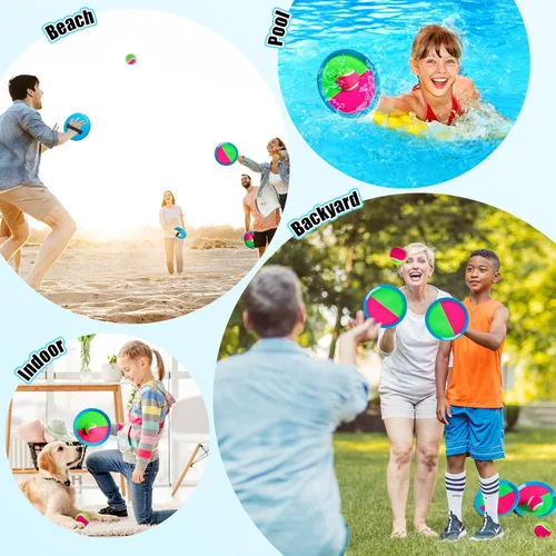 Miniatura 5 de Juego de pelota para lanzar y atrapar, 4 paletas y 4 bolas al aire libre, juego de captura de remo para niños, patio trasero, playa, piscina, patio
