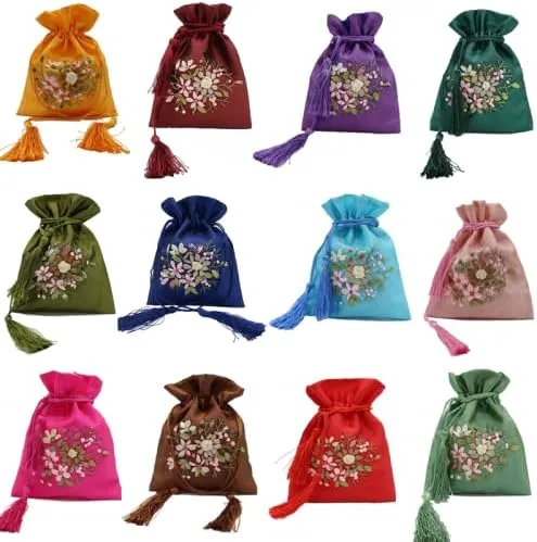 Bolsas grandes de satén para joyas, hechas a mano, con cinta de bordado, bolsa de tela con cordón, bolsas de regalo (20, colores variados)