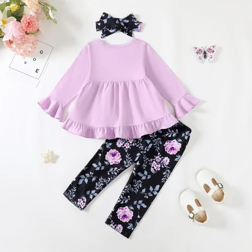 Miniatura 74 de Kucnuzki Conjunto de ropa para bebé niña pequeña, camisa de manga con volantes, pantalón floral, ropa de otoño e invierno para niña