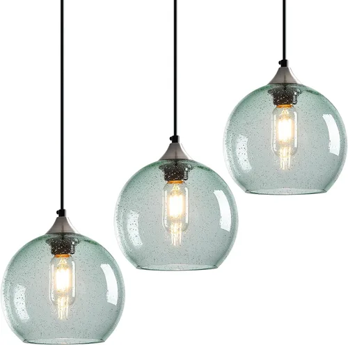 Miniatura 27 de Luces colgantes de cristal verde claro, iluminación de isla de cocina, luminarias de luz colgante de globo, iluminación colgante moderna