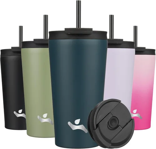 Miniatura 50 de Konokyo Vaso aislado de 18 onzas con tapa y 2 pajillas, botella de agua de acero inoxidable, taza de viaje al vacío, taza de café, color blanco ángel