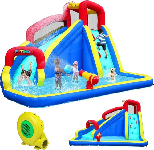 JOYMOR Parque inflable de tobogán acuático con piscina, pared de escalada, cañón de agua, toboganes acuáticos inflables para patio trasero,