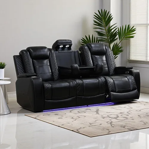 Miniatura 68 de Juego de Sofá Reclinable Eléctrico, Juego de Sofá y Sillón Reclinable de Cuero Negro, Juegos de Muebles de Sala de Estar, Sofá de Dos Plazas