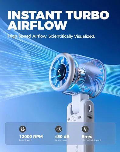 Miniatura 8 de Diveblues Ventilador Turbo Portátil de Mano, Viento de 5 Velocidades, Funciona con Batería, Hasta 12 Horas de Funcionamiento, Ventilador de Mano 3