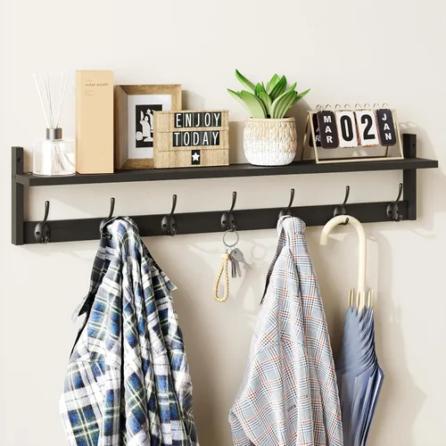 Miniatura 11 de BAMEOS Ganchos de pared de 35" L con estante, ganchos para abrigos de entrada, estante de madera para colgar en la pared, perchero montado en pared