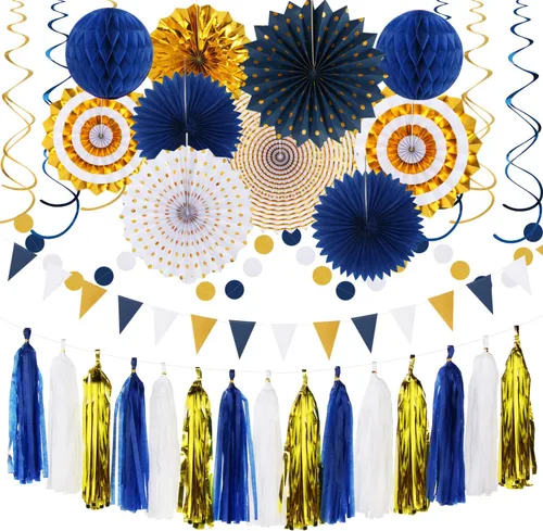 Miniatura 20 de Kits de decoración para fiestas negro blanco-plata - 33 piezas, banderas, guirnaldas con borlas para graduación, pompones de papel de seda tipo