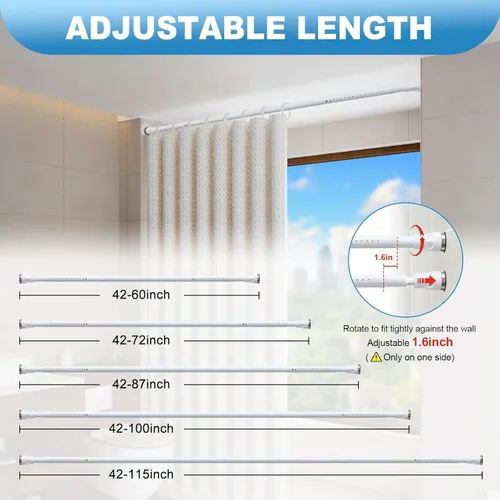 Miniatura 4 de Barra de cortina de tensión blanca sin taladro, 42 a 72 pulgadas ajustable barra resistente negra para cortina de ducha para ventanas baño armario