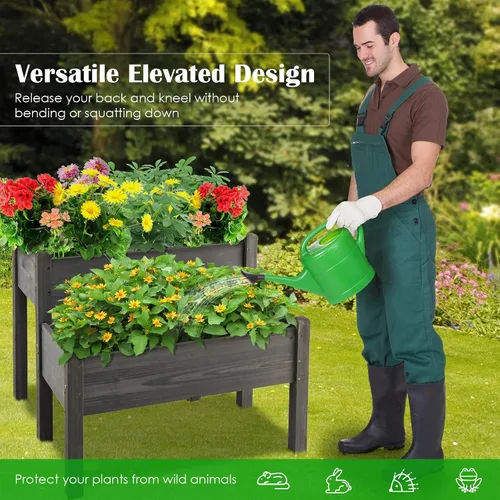 Miniatura 5 de RELAX4LIFE Cama de jardín elevada de 2 niveles, maceta elevada de madera de abeto con patas, 8 agujeros de drenaje, capacidad de 220 para cultivar