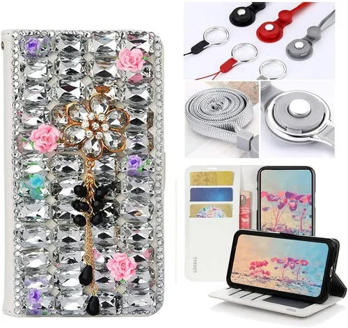 Miniatura 2 de Bling - Funda tipo cartera para teléfono compatible con Samsung Galaxy Z Fold 2 5G, elegante, con colgante de flores hechas a mano en 3D, de piel