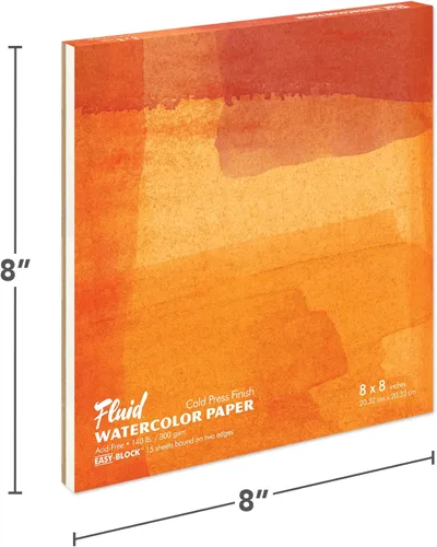 Miniatura 2 de Bloque de papel de acuarela fluida, 8 x 8 pulgadas, 15 hojas, 140 libras (300 g/m²), bloque prensado en frío para pintura artística y medios húmedos